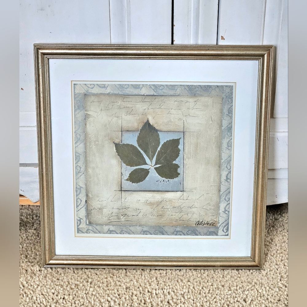 Vintage Celeste Peterson Framed Leaf Print Hanging Wall Art 1980s 1990s Metallic